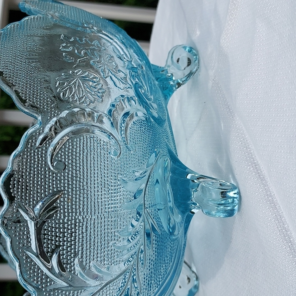 Vintage Jeannette mid century Pressed Glass Blue Footed Hombre  Compote Bowl MCM - Picture 8 of 17